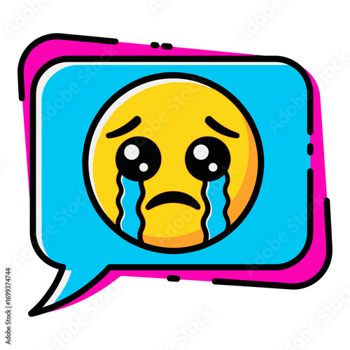 Cartoon Cry Emoji Chat Bubble Icon – Emotional Messaging Vector
