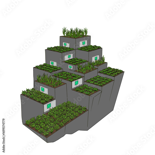 An architectural illustration depicts a tiered structure with rooftop gardens and small windows.