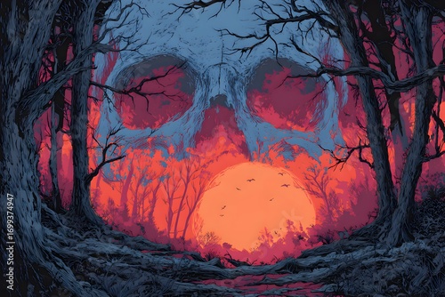 Dark fantasy horror skull illustration with eerie forest, bats, and full moon in vibrant night sky, spooky surreal atmosphere perfect for Halloween and gothic design.