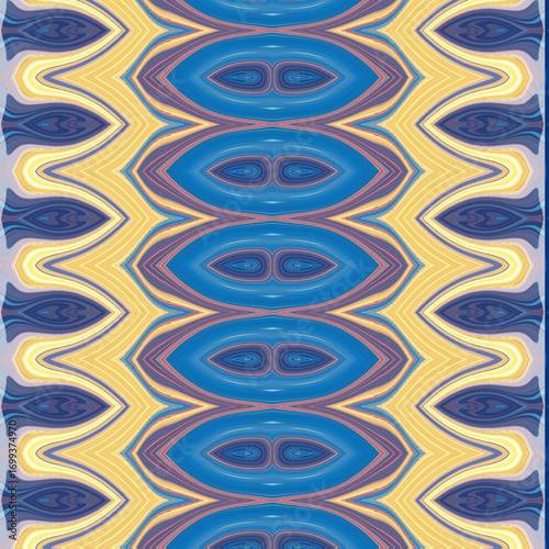 Colorful symmetrical abstract, pattern, art, texture, and design with blue and yellow waves, perfect for modern backgrounds.