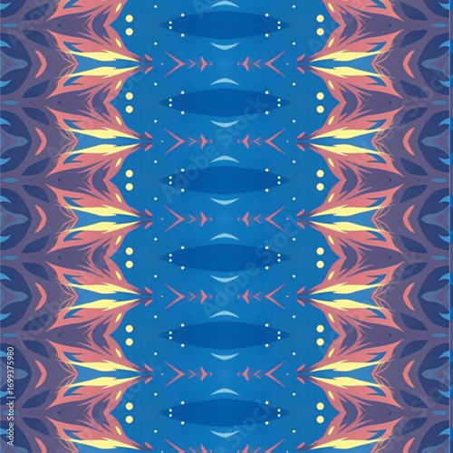 Vibrant abstract pattern with symmetry in blue, pink, and yellow tones. Perfect geometric abstract, pattern, texture, art, and design backgrounds.