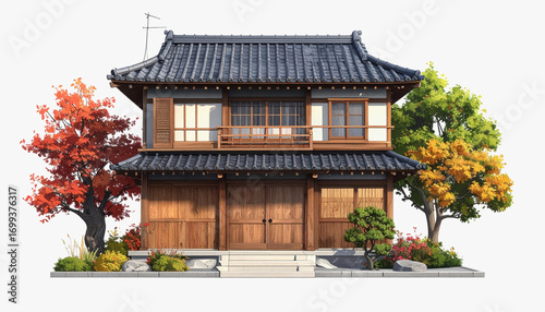 Charming house surrounded by lush green tree on white background perfect for real estate and nature themes