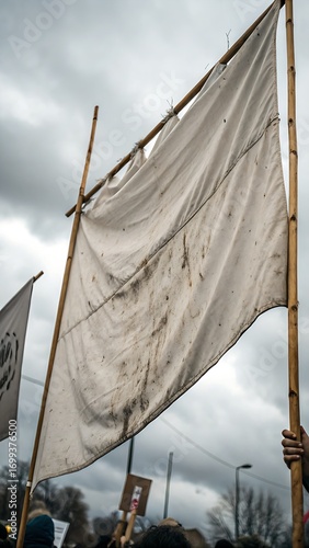 White flag held high during protest with overcast sky and crowd below, expressing unity and solidarity