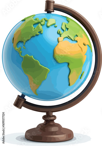 A detailed illustration of a terrestrial globe on a stand against a white background