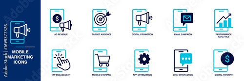 Mobile Marketing Blue Colored Outline Icon Set