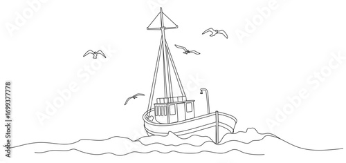 Minimalist one line drawing of a fishing boat sailing on the sea, surrounded by flying seagulls. The illustration is simple, sketch-style, with waves in the water, capturing a nautical and maritime 