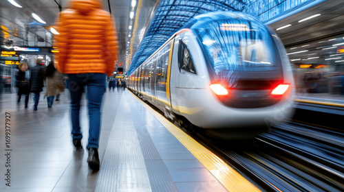 Fast train motion blur busy station commuting urban transport travel public transport railway