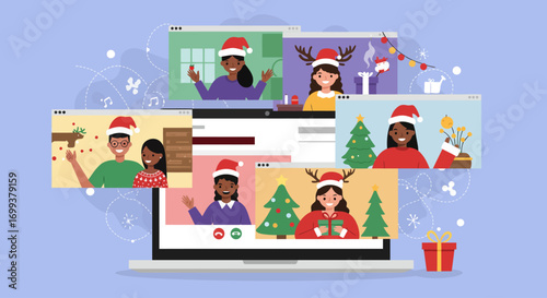 A contemporary Flat Design vector illustration depicting a virtual Christmas celebration, with friends and family connecting through a video call on a laptop