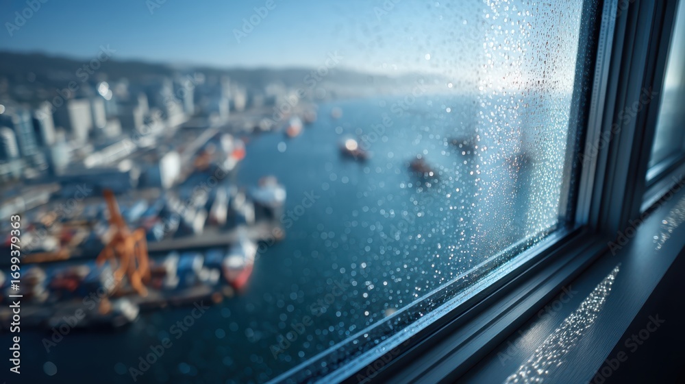 Fototapeta premium View of a harbor with ships and cranes seen through a rain-speckled window on a sunny day.