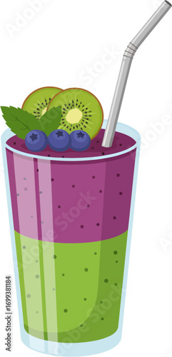 Detailed Illustration of Layered Kiwi Blueberry Smoothie in a Glass
