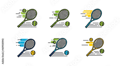 Tennis rackets and balls colorful icons