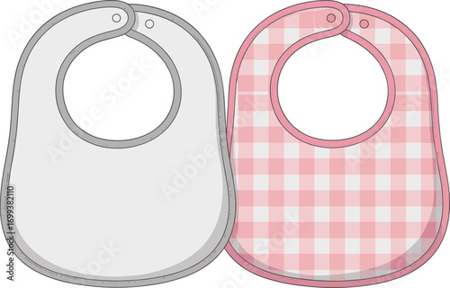 Baby bib mockup with plain grey design and pink checkered pattern, cute infant feeding accessory, kids clothing template, vector illustration isolated