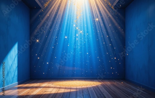 An indoor space with blue light and lighting, three-dimensionality, banner texture advertising poster