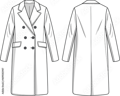 Flat fashion vector sketch of women’s long double-breasted coat with lapel collar and flap pockets, technical garment drawing template