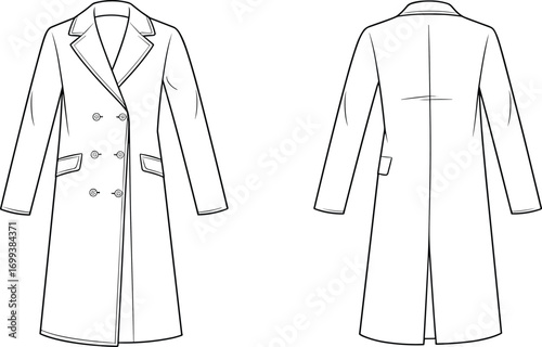 Flat fashion sketch of women’s long double-breasted coat with lapel collar and flap pockets, technical drawing for apparel designers