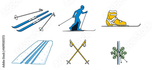 Skiing equipment and activity illustrations