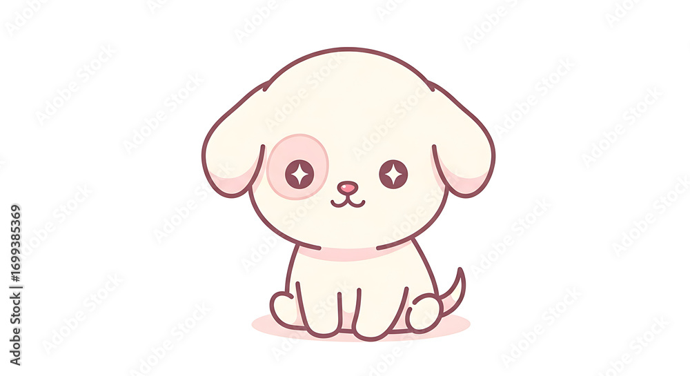 Fototapeta premium A cute, cartoon-style illustration of a small, white puppy with a pink spot around one eye, sitting against a white background.