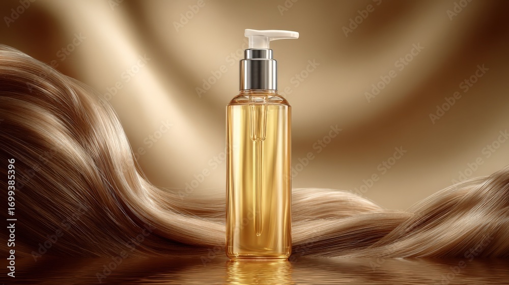 Naklejka premium Hair Oil Product Mockup on Gold Satin Fabric with Shiny Hair Background Display