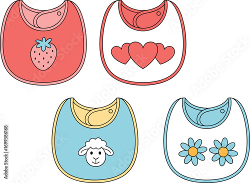 Set of baby bibs with strawberry, heart, sheep, and flower designs, colorful cartoon infant feeding accessories, toddler clothing vector illustration