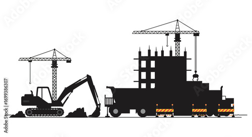construction site with cranes trucks and heavy machinery