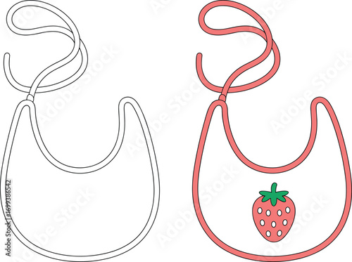Baby bib vector illustration, strawberry print design, kids feeding cloth, cute infant accessory, black and white outline with color version