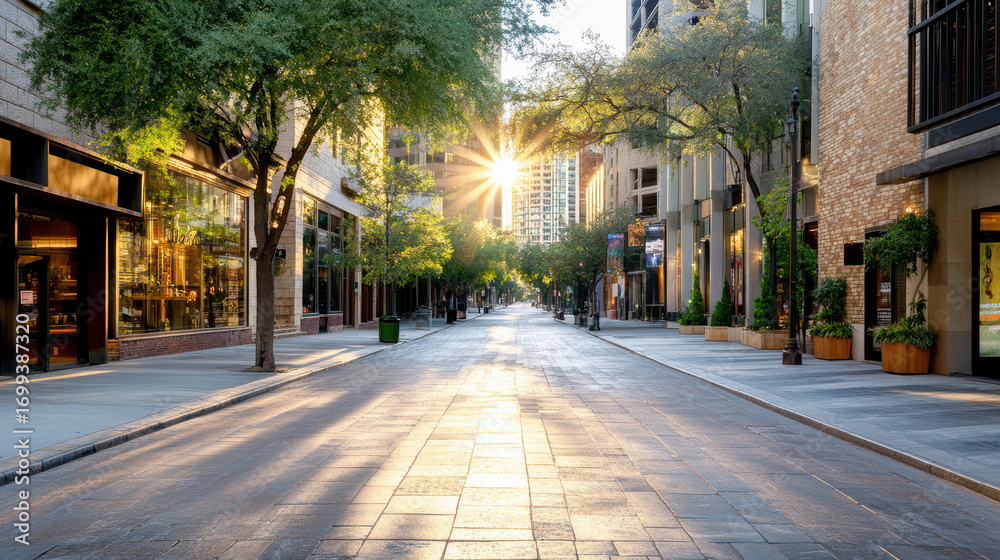 Obraz premium Quiet downtown district bathed in golden evening light, showcasing serene urban beauty