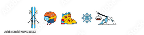 Winter sports equipment and mountain scenery icons
