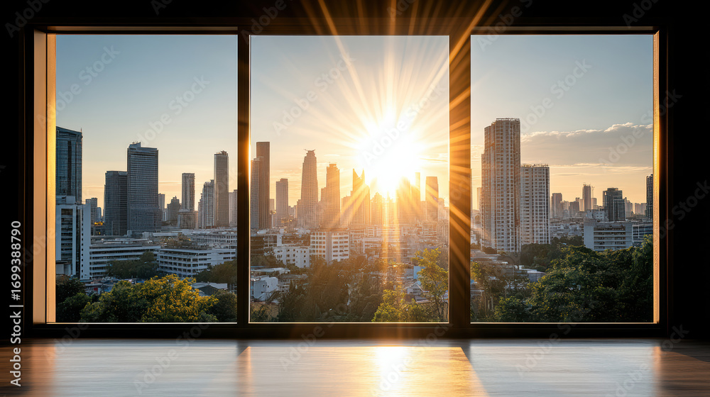 Fototapeta premium Sunlight streaming through large windows, illuminating city skyline at sunset