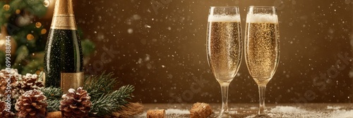 Celebration with sparkling champagne in elegant glasses surrounded by festive decor and holiday cheer during winter