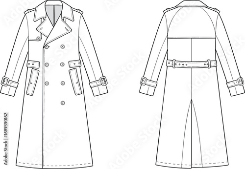 Technical fashion flat sketch of long trench coat with belt, double breasted outerwear design, detailed garment template illustration for clothing