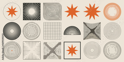 Abstract geometric shapes and patterns in a retro brutalist style with a neutral color palette