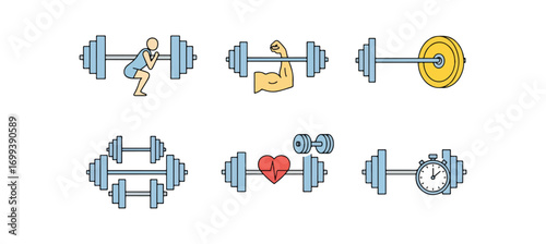 Fitness activities gym equipment workout illustrations