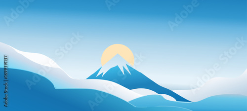 An awe-inspiring illustration of a majestic snow-capped mountain, kissed by the soft glow of sunrise. It showcases natural beauty and tranquility. 