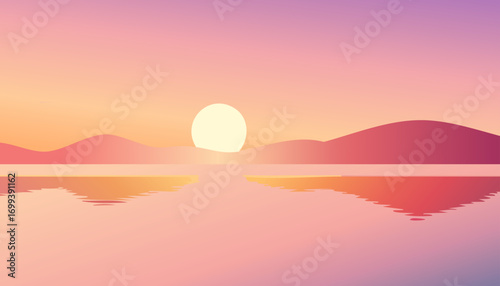 A tranquil scene of a setting sun reflected in calm water, creating a moment of peace and natural beauty. 