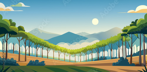 A panoramic vista unfolds, with rows of lush, green trees leading the eye towards majestic mountain peaks and the radiant sun, evoking a sense of peace and serenity.