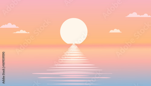 An awe-inspiring illustration of a vivid sunset casts a warm glow across tranquil waters, as gentle clouds drift by, setting a mood of serene reflection.