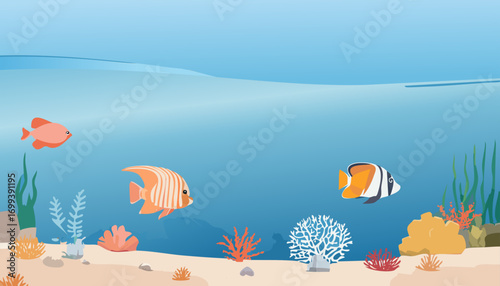 A colorful depiction of underwater life, featuring vibrant fish, coral, and aquatic plants in their marine ecosystem.