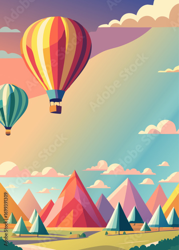Soaring Balloons Over Majestic Terrain: Vibrant hot air balloons drift gracefully above a colorful mountain range, celebrating the beauty of adventure and the allure of the open sky.