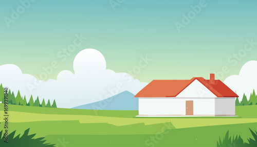 Dream Home: A quaint house rests serenely on a gentle hill, the scene bathed in soft sunlight. This vector illustration encapsulates the essence of tranquility and the allure of a dream dwelling. 