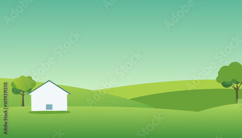 Tranquil Rural Landscape: A charming, minimalist scene of rolling hills, a single house, and verdant trees evoke a sense of calm and idyllic countryside living. 