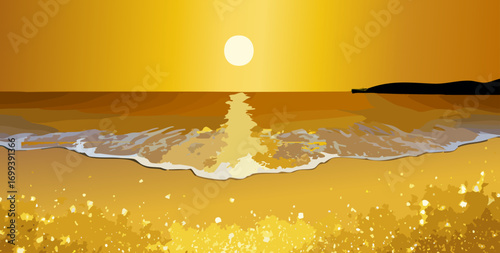 Golden Sunrise over Shore: The sun casts a warm golden glow on the tranquil beach, where gentle waves meet the sandy shore, reflecting the radiant light of the new day.