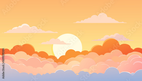 Sunrise Horizon's Canvas: A vibrant sunrise unfolds, painting the sky with hues of orange, yellow, and pink. Clouds are meticulously layered against each other. The sun takes center stage.