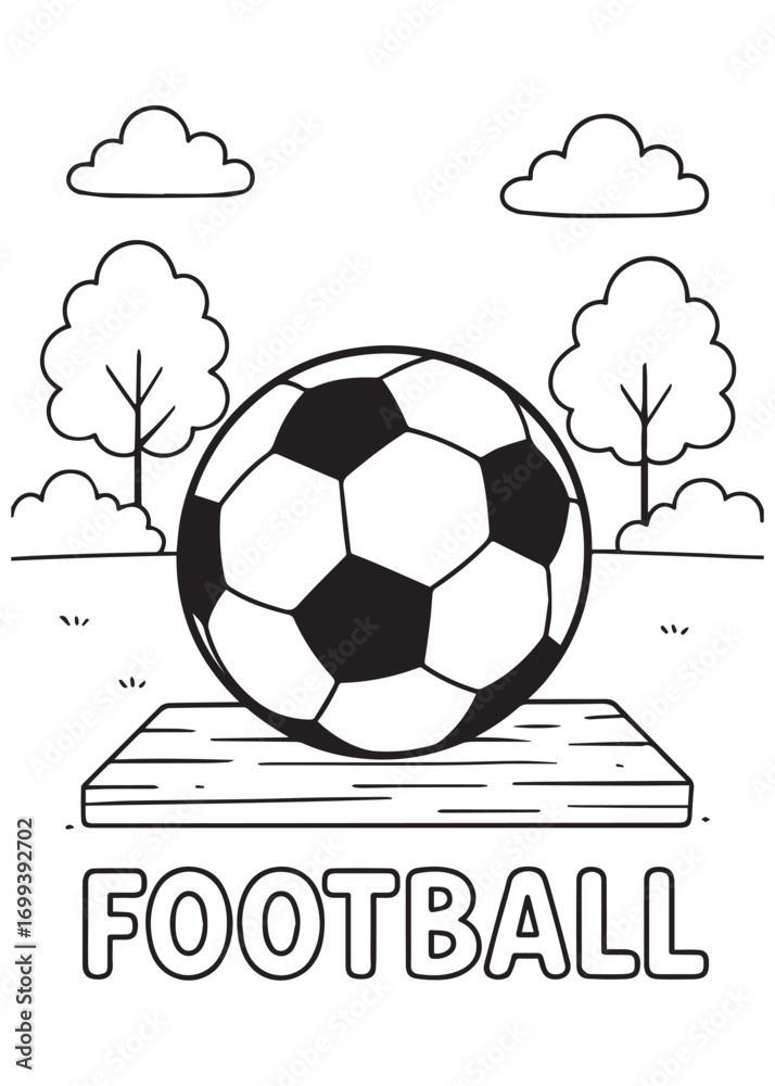 Fototapeta premium coloring book football ball placed on wooden floor with trees background for children sport activity