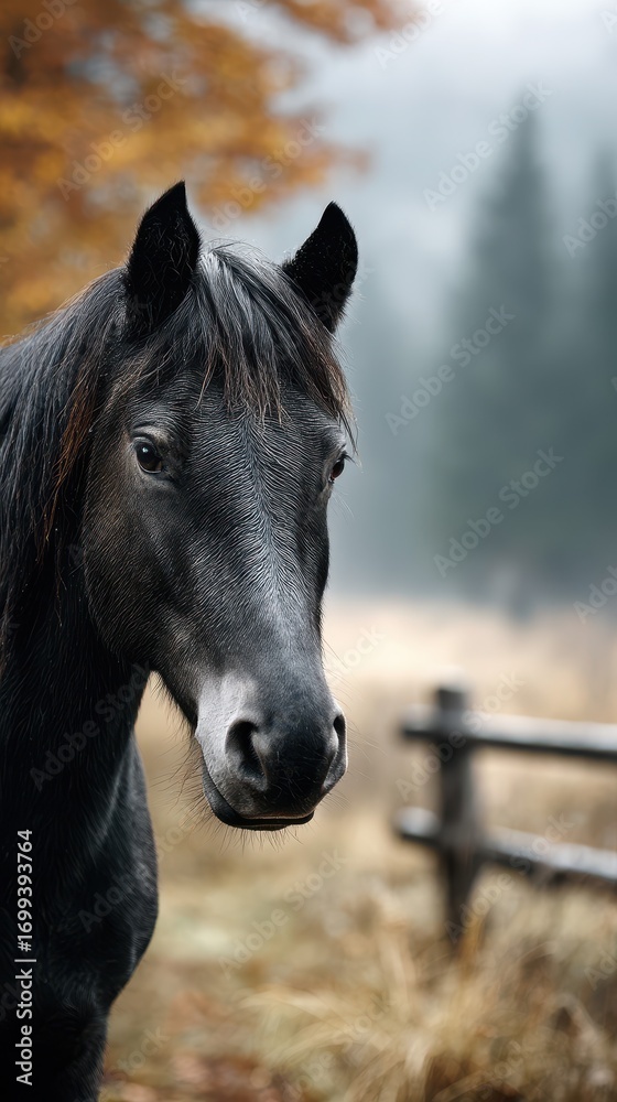 Naklejka premium Beautiful black horse in a misty forest with autumn foliage and a wooden fence in the background