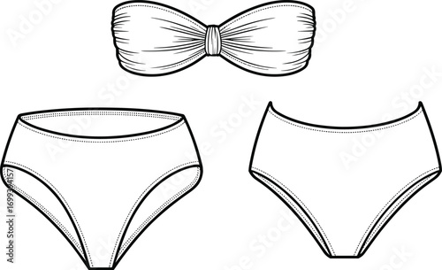 Vector illustration of bandeau bikini set fashion template, front and back view, women swimwear lingerie design, summer beachwear clothing mockup
