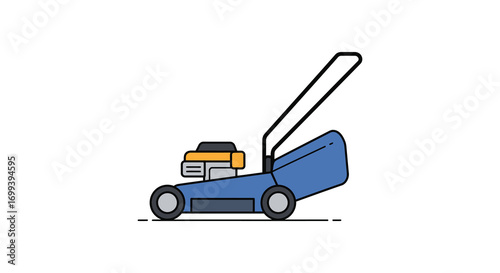 a blue lawn mower with handle and wheels