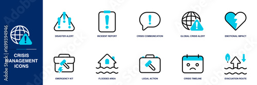 Crisis Management Blue Colored Outline Icon Set