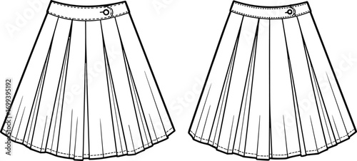 Fashion technical flat sketch of pleated skirt with waistband and button detail, clothing design template illustration for stylish apparel industry
