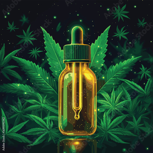 Futuristic cannabidiol oil extract concept with glowing bottle, drop, pipette and cannabis leaves , vector style simple color