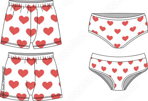 Vector illustration of men and women underwear set, heart pattern design, boxers and panties, romantic lingerie fashion clothing template mockup